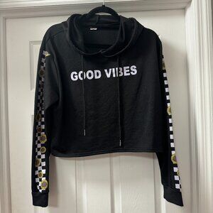 Posh Posh CROPPED Good Vibes Sunflower Checkered sleeves Hoodie sweatshirt XL